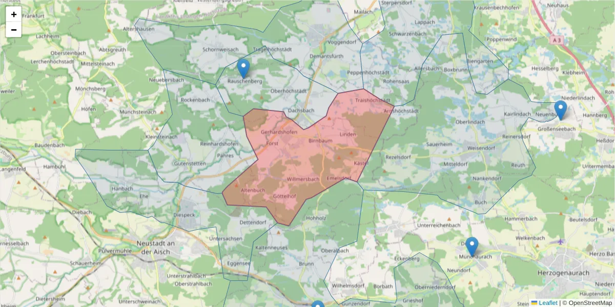Karte des Postleitzahlen Bereichs  und der umliegenden Postleitzahlen in Deutschland