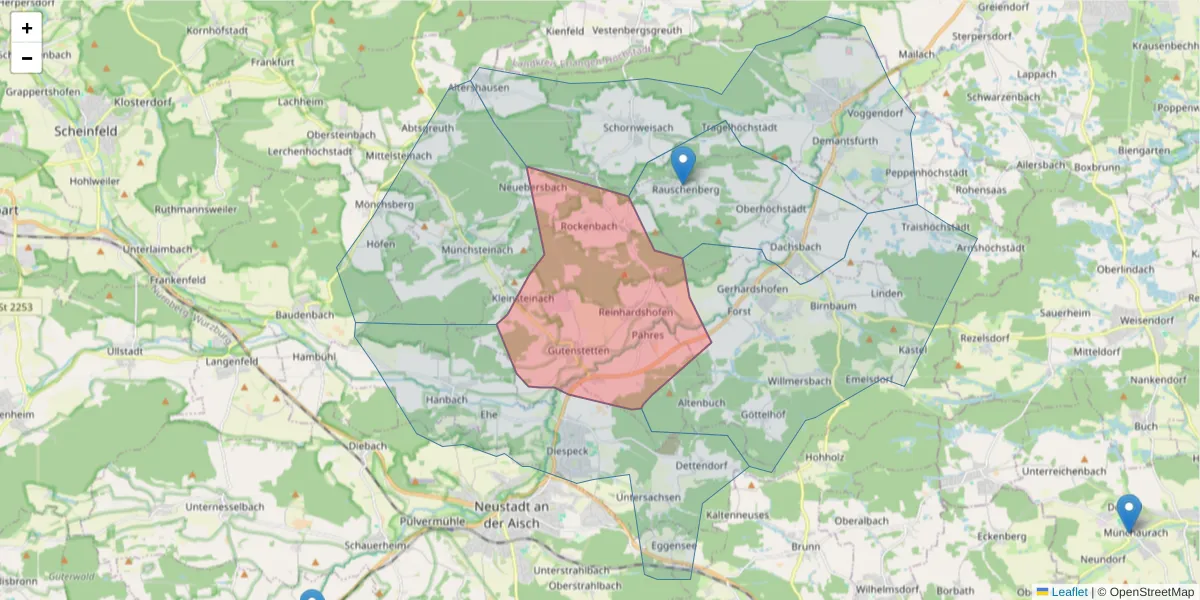 Karte des Postleitzahlen Bereichs  und der umliegenden Postleitzahlen in Deutschland