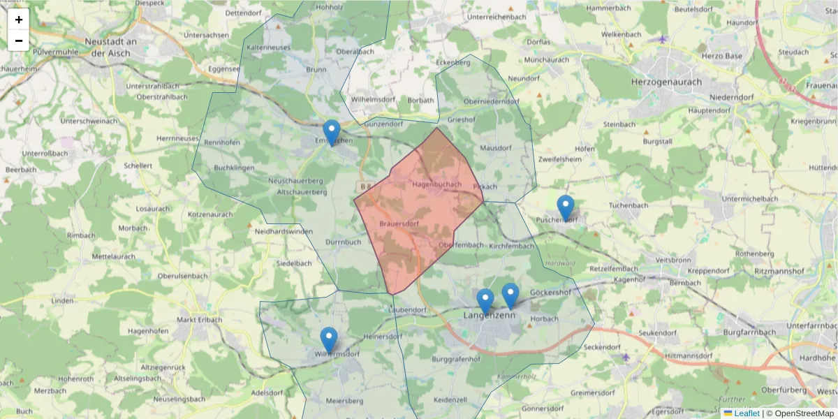 Karte des Postleitzahlen Bereichs  und der umliegenden Postleitzahlen in Deutschland