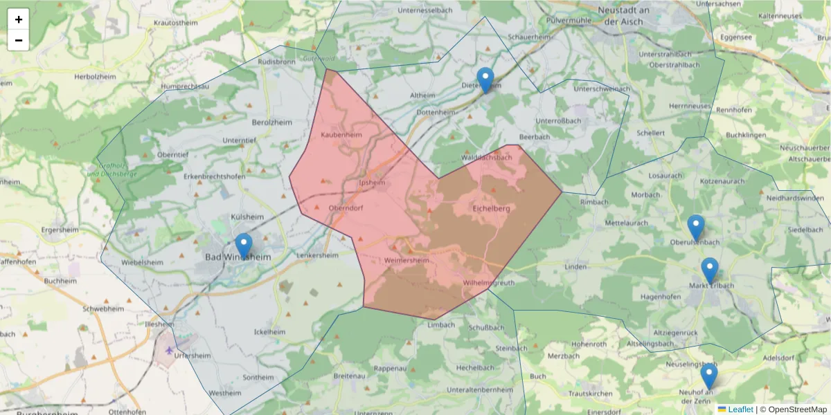 Karte des Postleitzahlen Bereichs  und der umliegenden Postleitzahlen in Deutschland