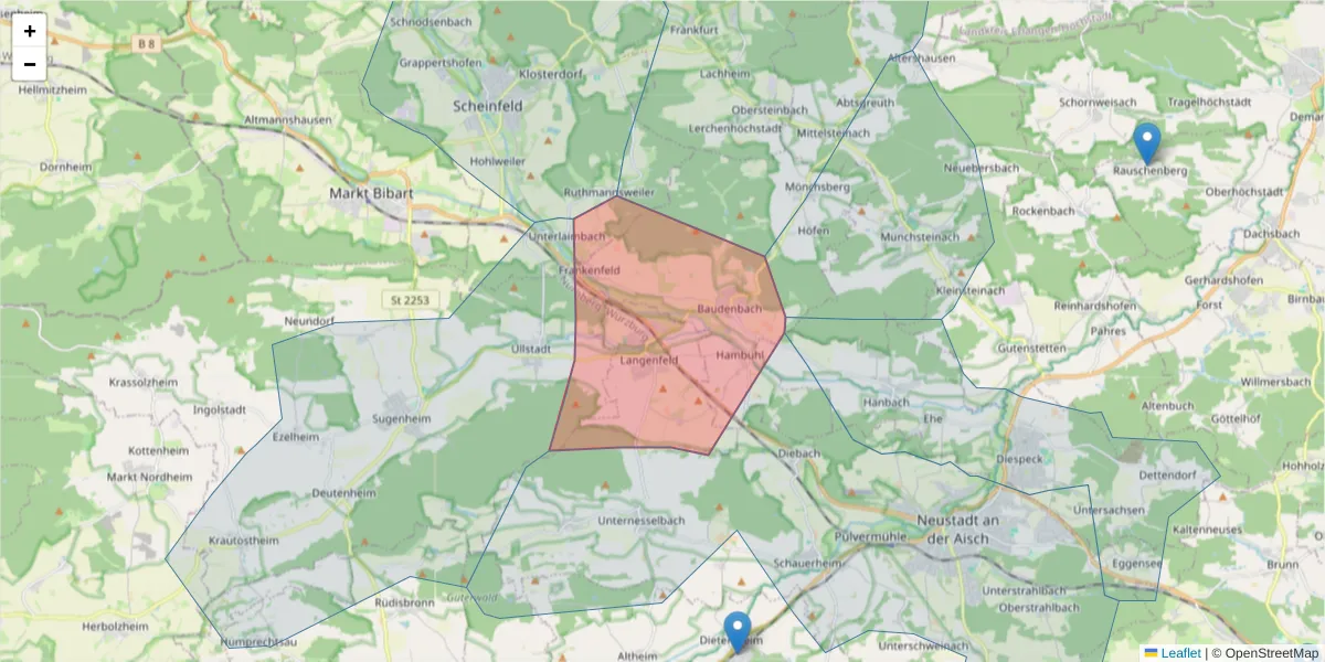 Karte des Postleitzahlen Bereichs  und der umliegenden Postleitzahlen in Deutschland