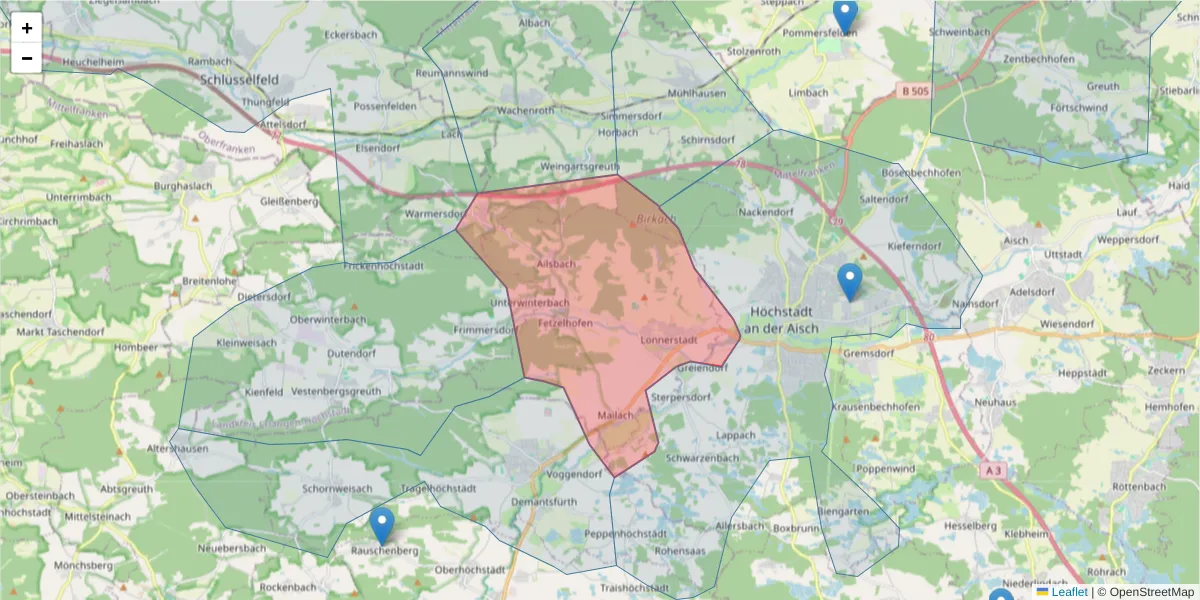 Karte des Postleitzahlen Bereichs  und der umliegenden Postleitzahlen in Deutschland