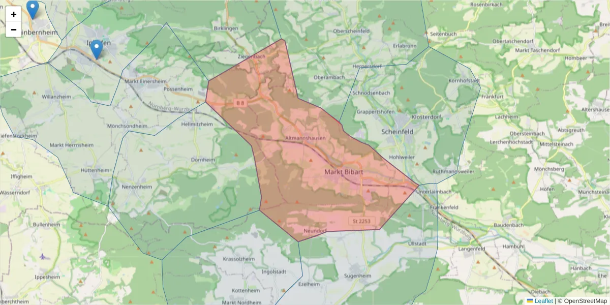 Karte des Postleitzahlen Bereichs  und der umliegenden Postleitzahlen in Deutschland