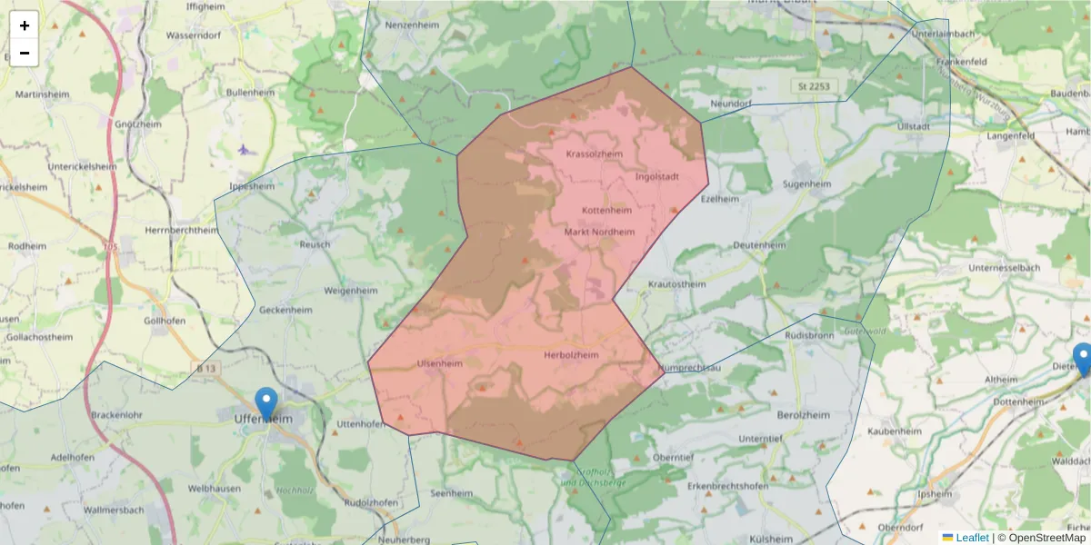 Karte des Postleitzahlen Bereichs  und der umliegenden Postleitzahlen in Deutschland