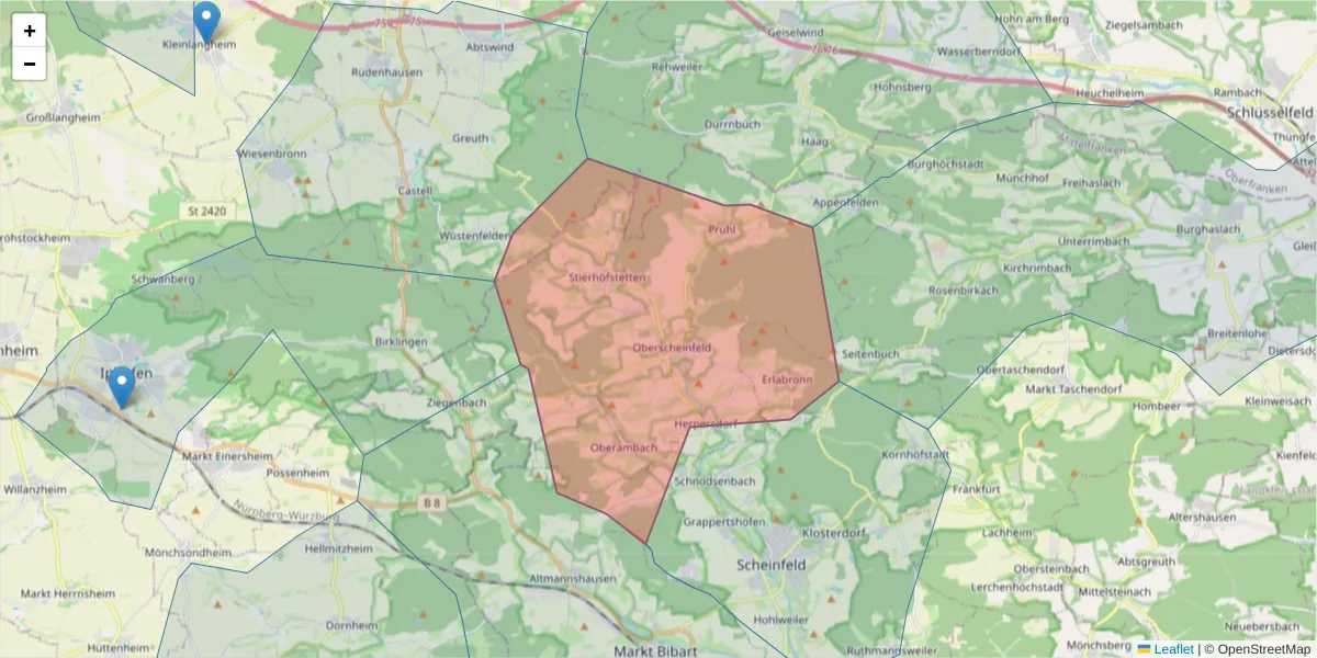 Karte des Postleitzahlen Bereichs  und der umliegenden Postleitzahlen in Deutschland