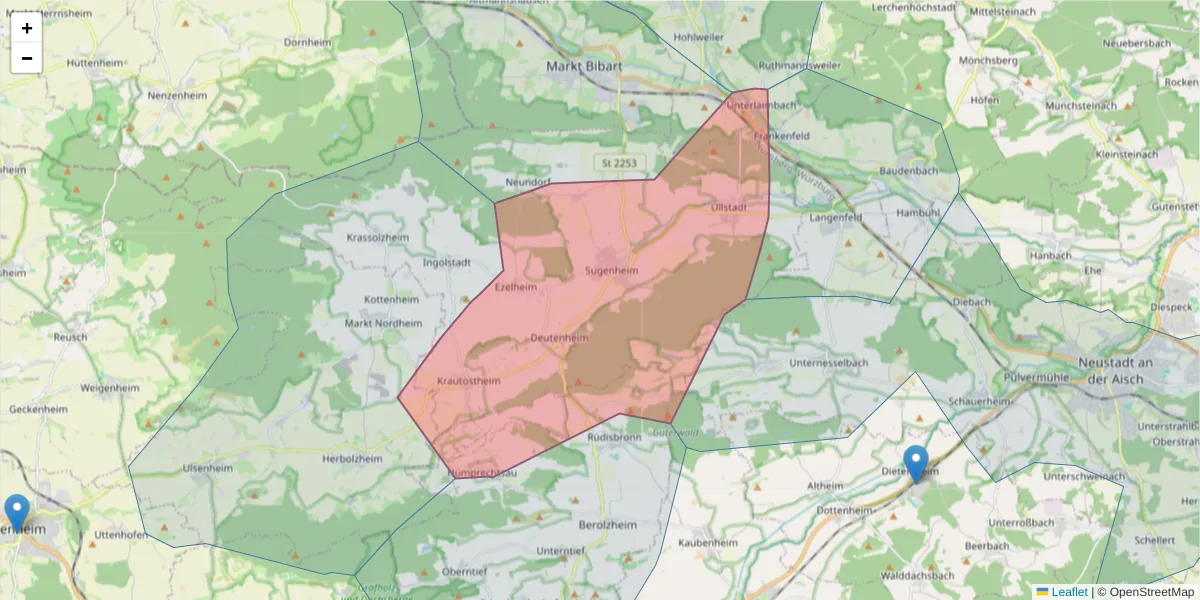 Karte des Postleitzahlen Bereichs  und der umliegenden Postleitzahlen in Deutschland