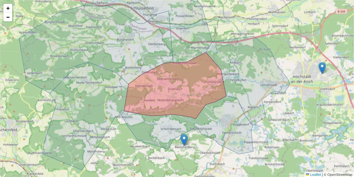 Karte des Postleitzahlen Bereichs  und der umliegenden Postleitzahlen in Deutschland