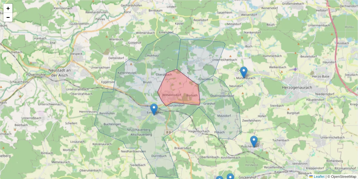 Karte des Postleitzahlen Bereichs  und der umliegenden Postleitzahlen in Deutschland