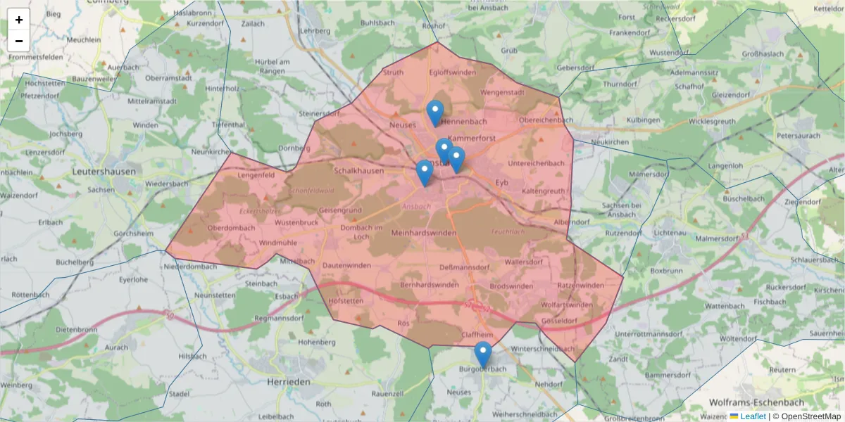 Karte des Postleitzahlen Bereichs  und der umliegenden Postleitzahlen in Deutschland