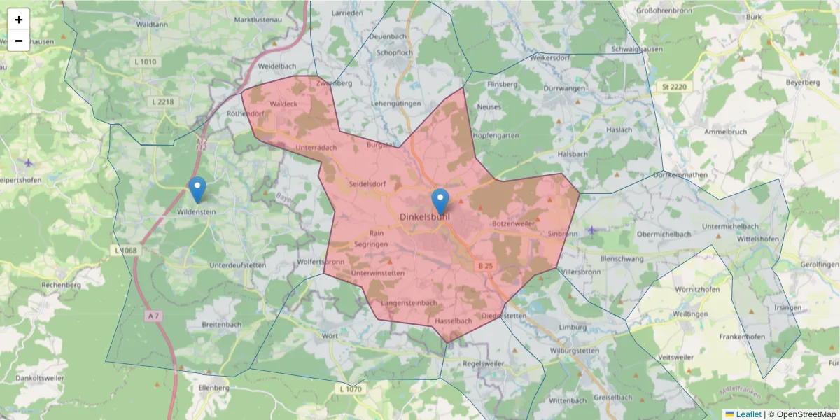 Karte des Postleitzahlen Bereichs  und der umliegenden Postleitzahlen in Deutschland