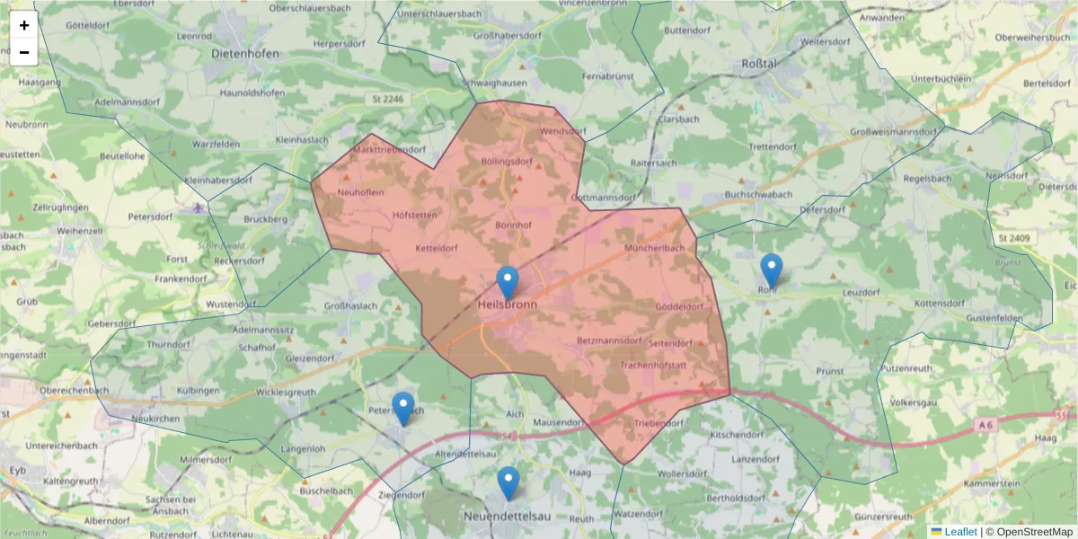 Karte des Postleitzahlen Bereichs  und der umliegenden Postleitzahlen in Deutschland