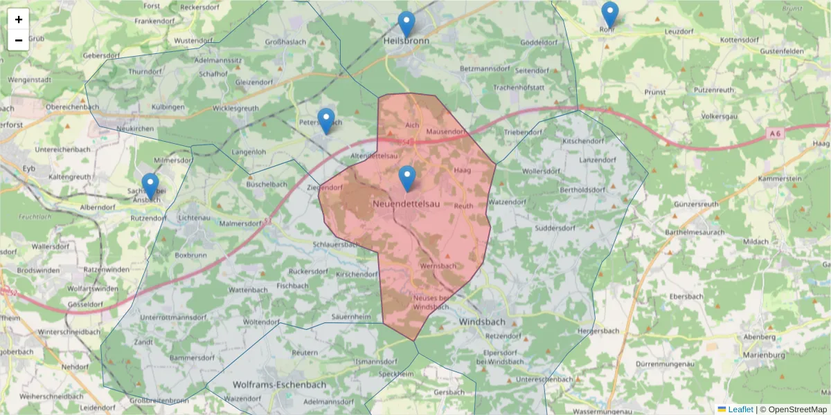 Karte des Postleitzahlen Bereichs  und der umliegenden Postleitzahlen in Deutschland