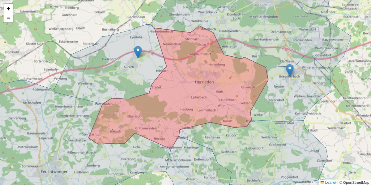 Karte des Postleitzahlen Bereichs  und der umliegenden Postleitzahlen in Deutschland