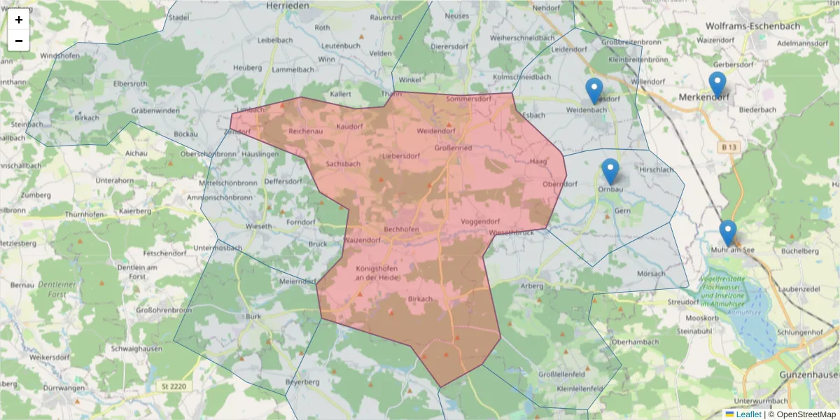 Karte des Postleitzahlen Bereichs  und der umliegenden Postleitzahlen in Deutschland