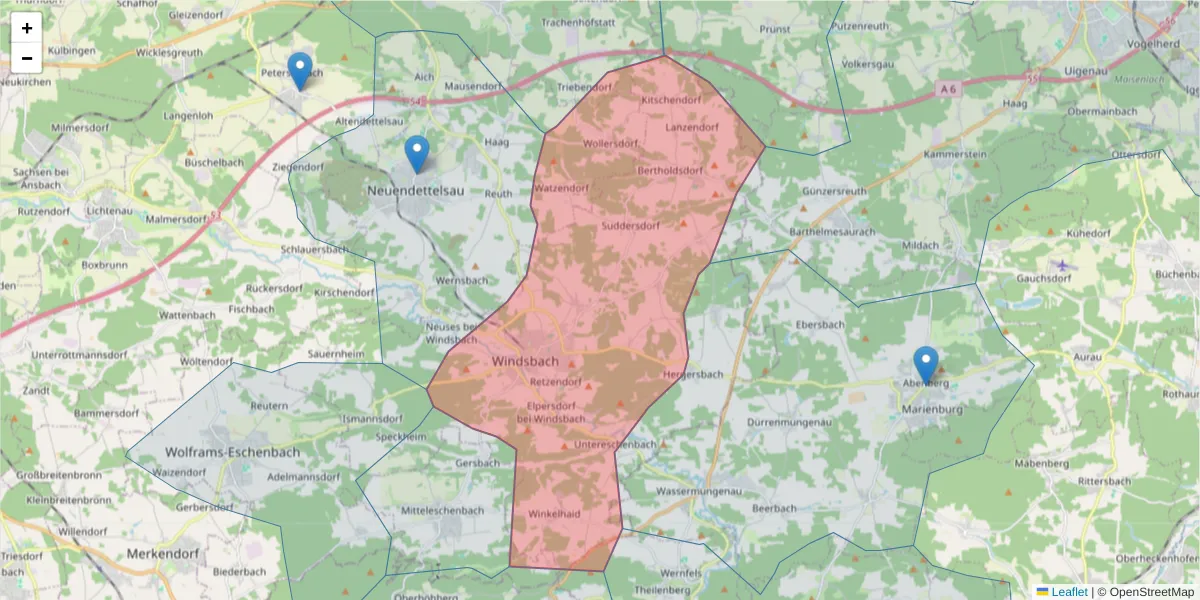 Karte des Postleitzahlen Bereichs  und der umliegenden Postleitzahlen in Deutschland