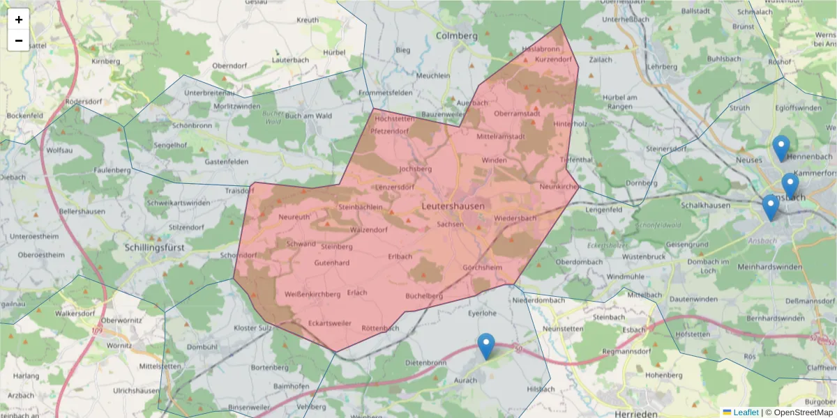 Karte des Postleitzahlen Bereichs  und der umliegenden Postleitzahlen in Deutschland