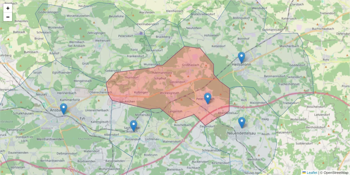 Karte des Postleitzahlen Bereichs  und der umliegenden Postleitzahlen in Deutschland