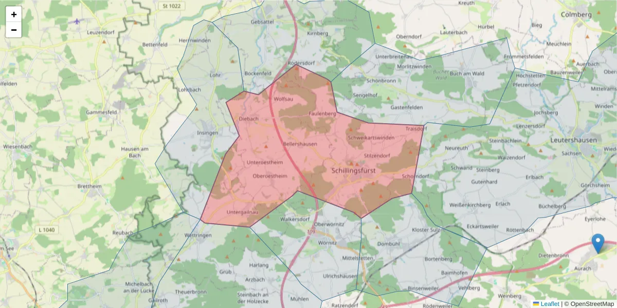 Karte des Postleitzahlen Bereichs  und der umliegenden Postleitzahlen in Deutschland