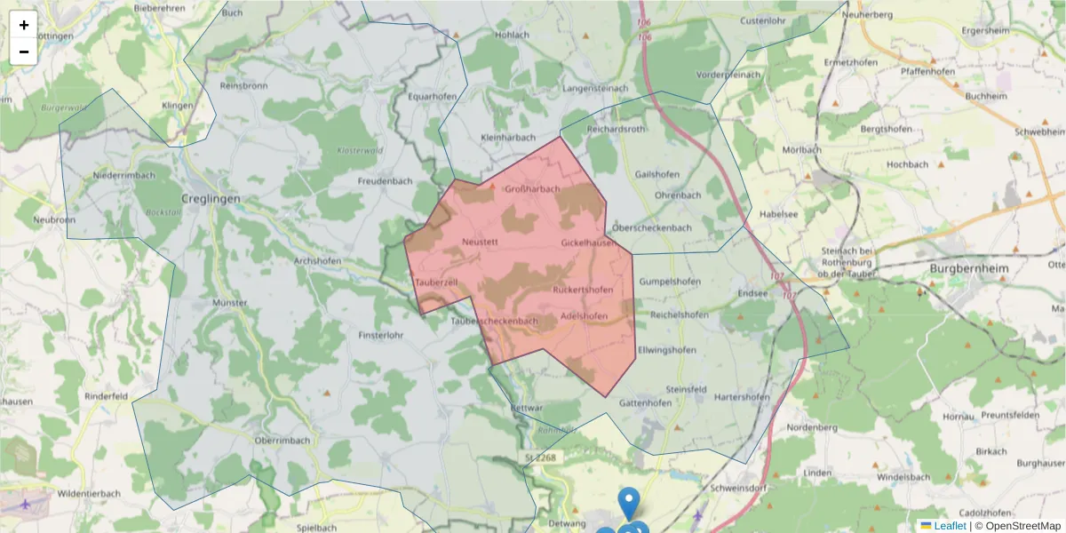 Karte des Postleitzahlen Bereichs  und der umliegenden Postleitzahlen in Deutschland