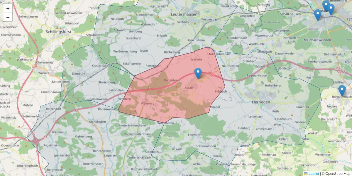 Karte des Postleitzahlen Bereichs  und der umliegenden Postleitzahlen in Deutschland