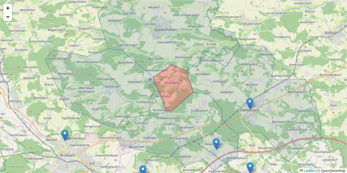 Karte des Postleitzahlen Bereichs  und der umliegenden Postleitzahlen in Deutschland