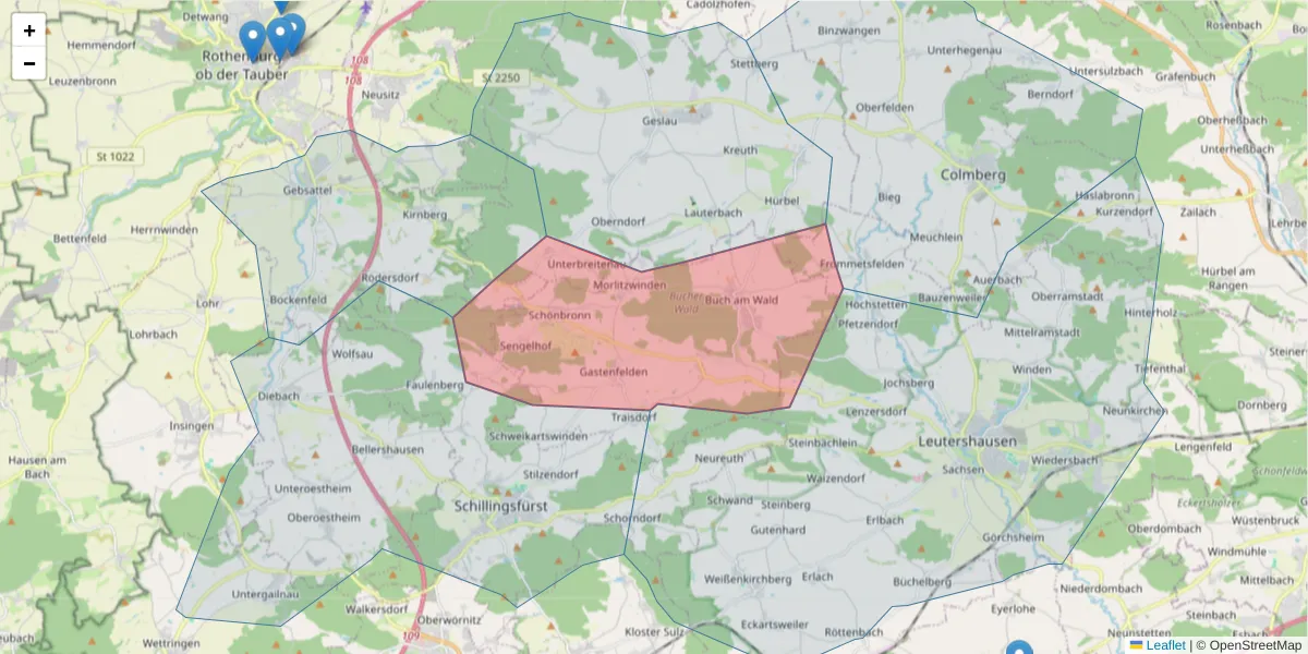 Karte des Postleitzahlen Bereichs  und der umliegenden Postleitzahlen in Deutschland