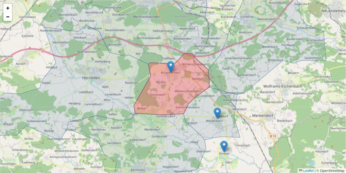 Karte des Postleitzahlen Bereichs  und der umliegenden Postleitzahlen in Deutschland