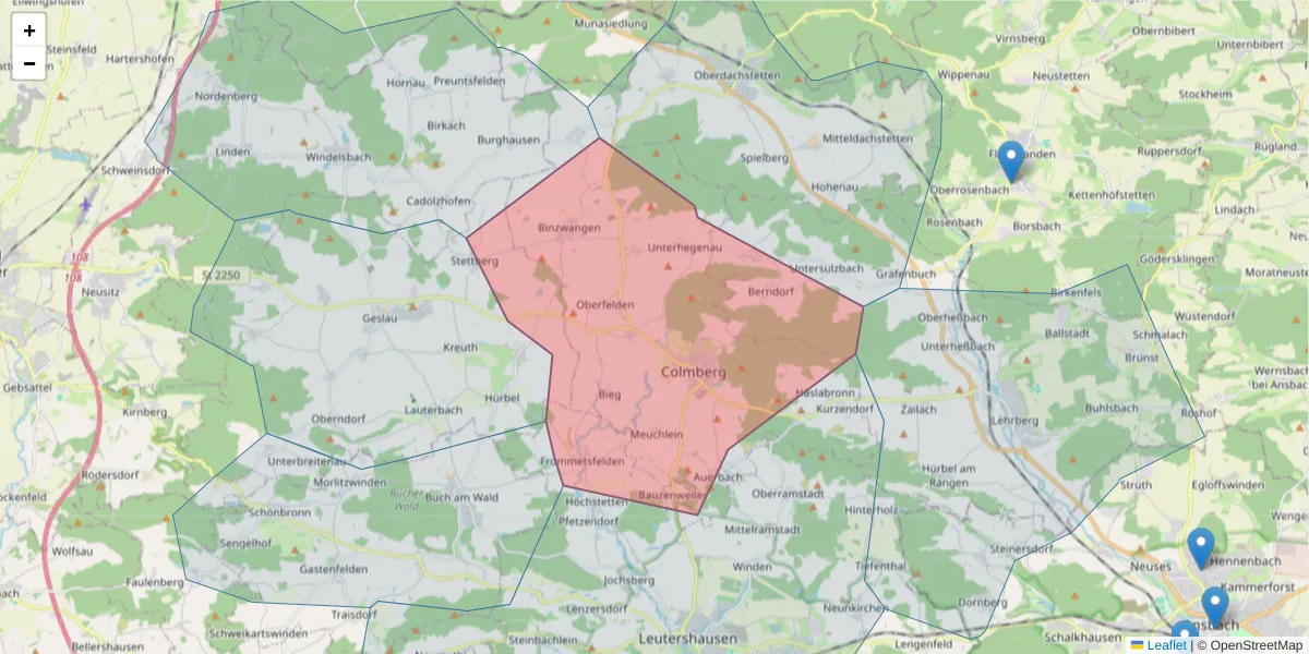 Karte des Postleitzahlen Bereichs  und der umliegenden Postleitzahlen in Deutschland