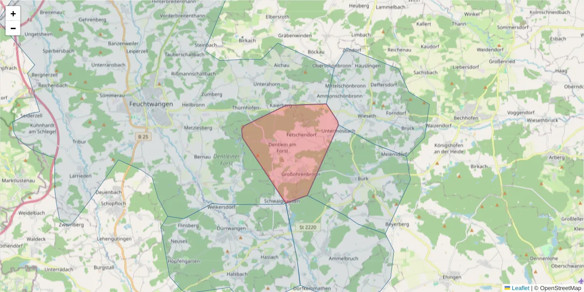 Karte des Postleitzahlen Bereichs  und der umliegenden Postleitzahlen in Deutschland
