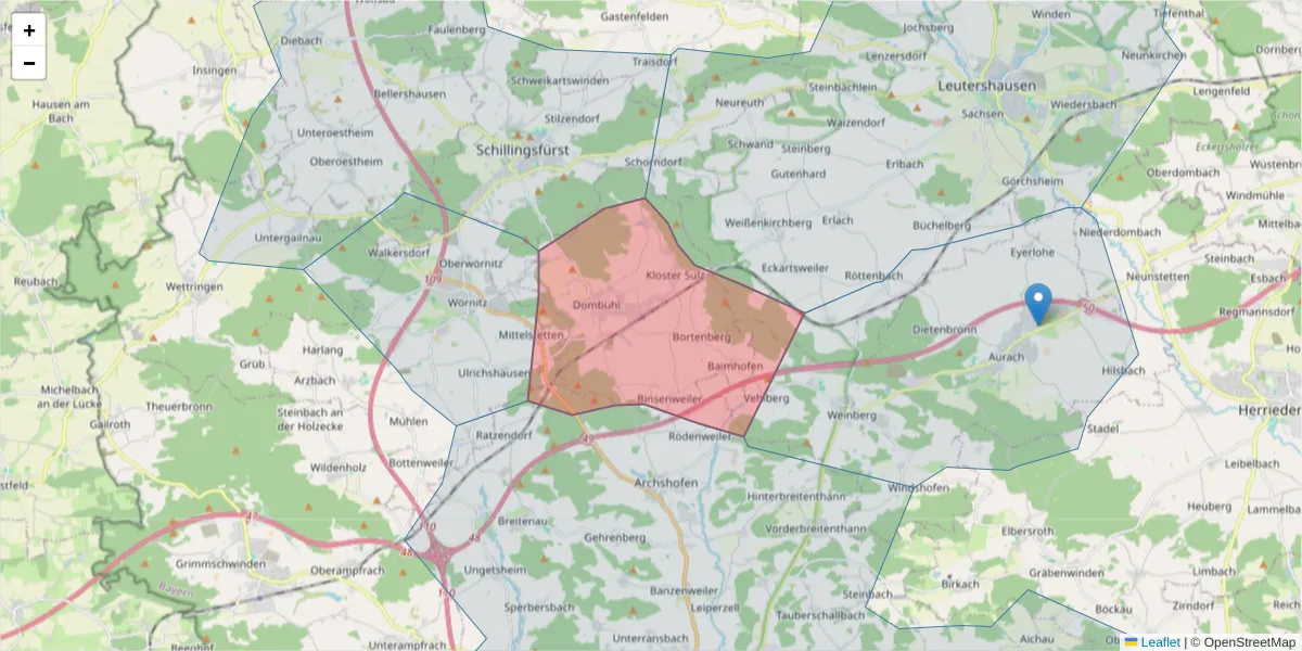 Karte des Postleitzahlen Bereichs  und der umliegenden Postleitzahlen in Deutschland