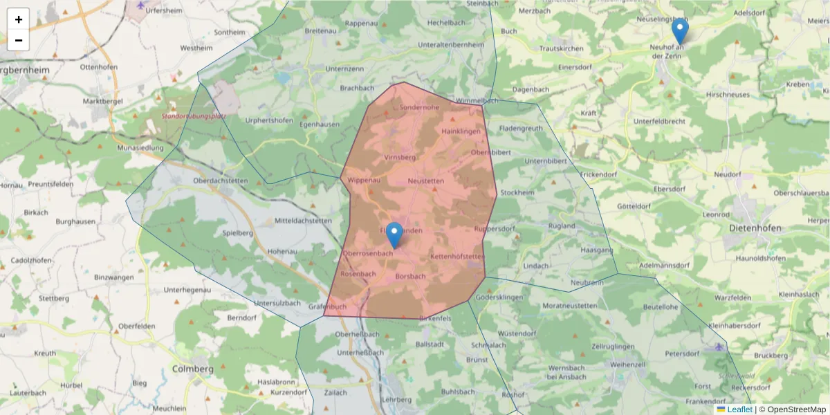 Karte des Postleitzahlen Bereichs  und der umliegenden Postleitzahlen in Deutschland