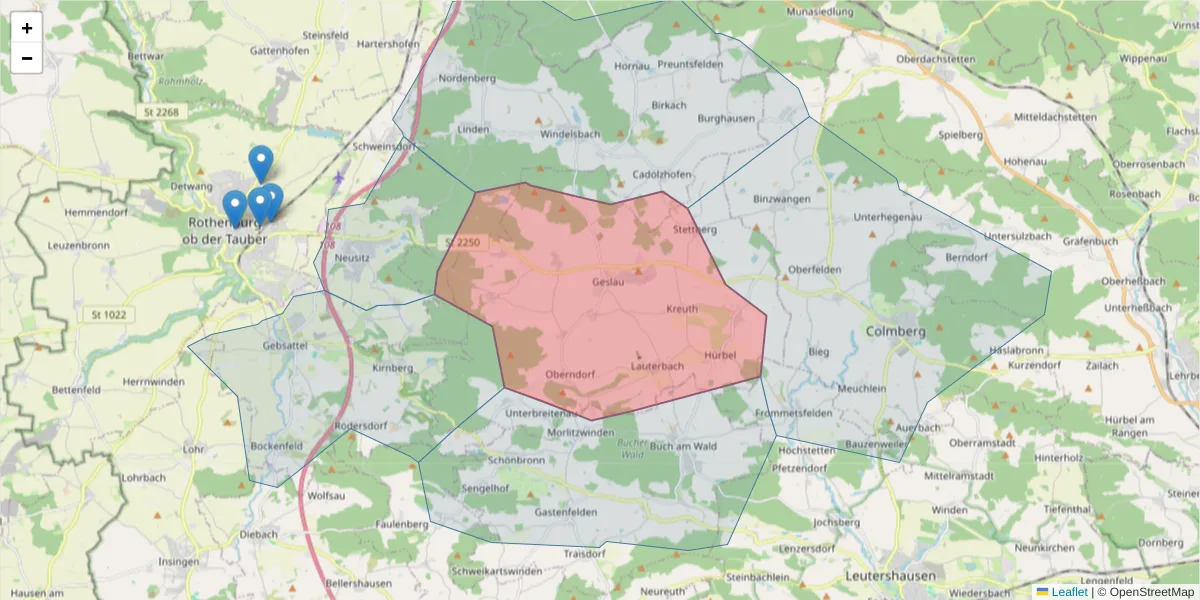 Karte des Postleitzahlen Bereichs  und der umliegenden Postleitzahlen in Deutschland