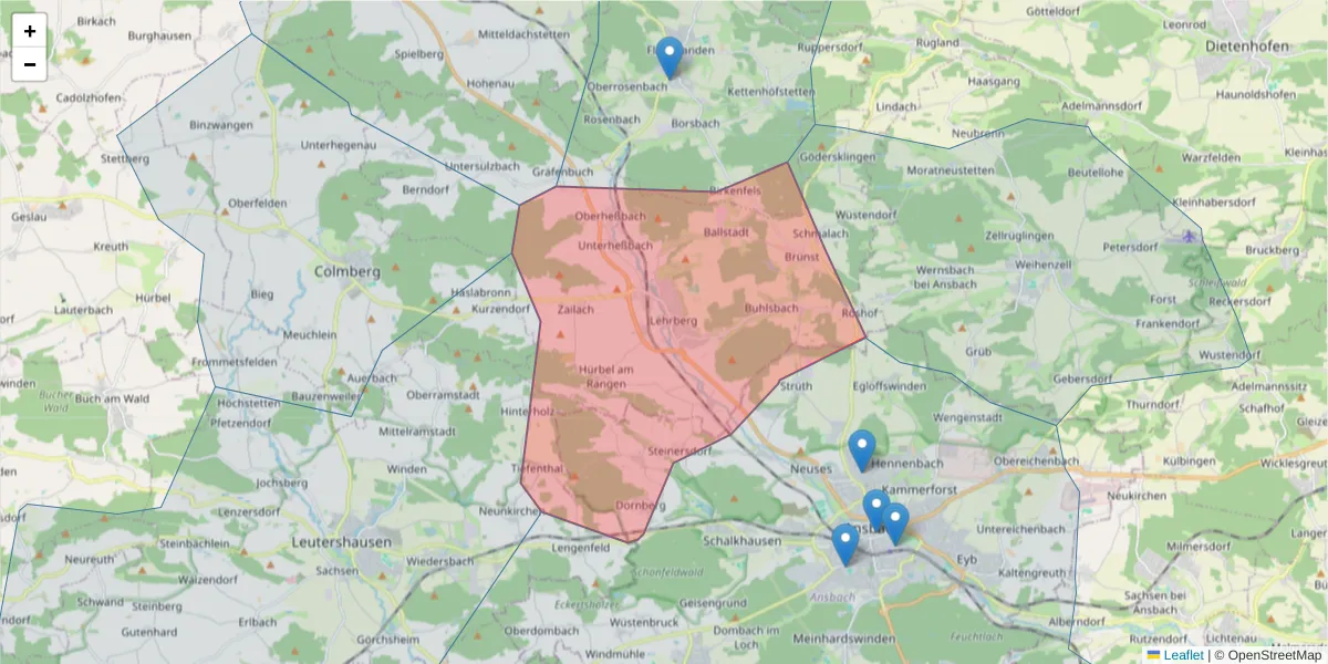 Karte des Postleitzahlen Bereichs  und der umliegenden Postleitzahlen in Deutschland