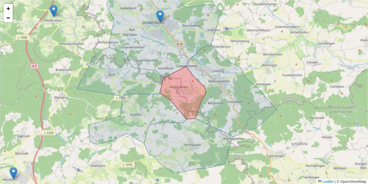 Karte des Postleitzahlen Bereichs  und der umliegenden Postleitzahlen in Deutschland