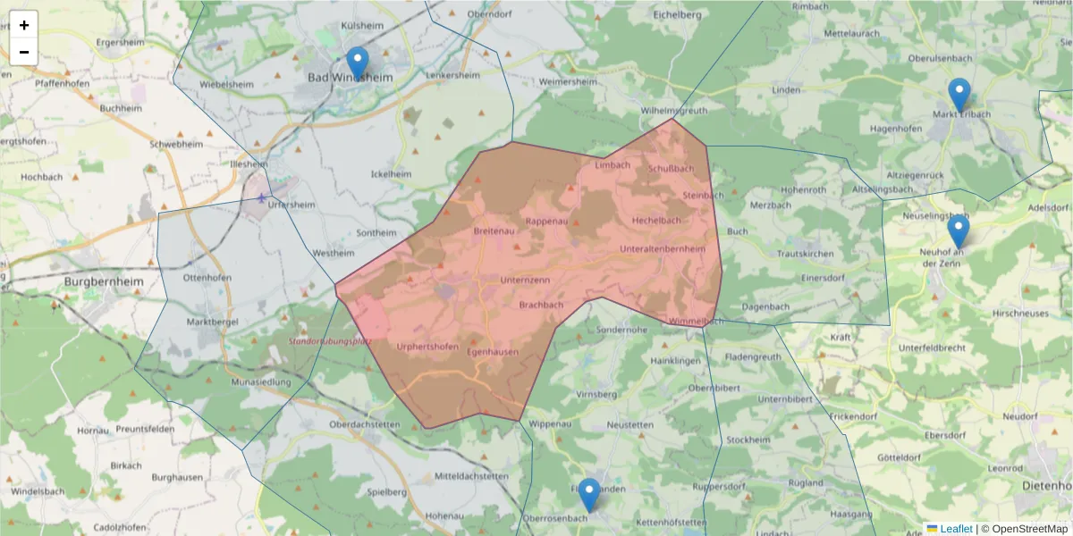 Karte des Postleitzahlen Bereichs  und der umliegenden Postleitzahlen in Deutschland