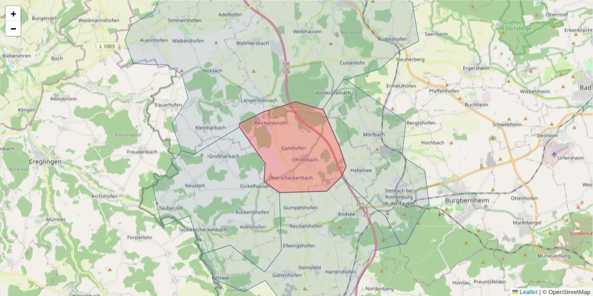 Karte des Postleitzahlen Bereichs  und der umliegenden Postleitzahlen in Deutschland