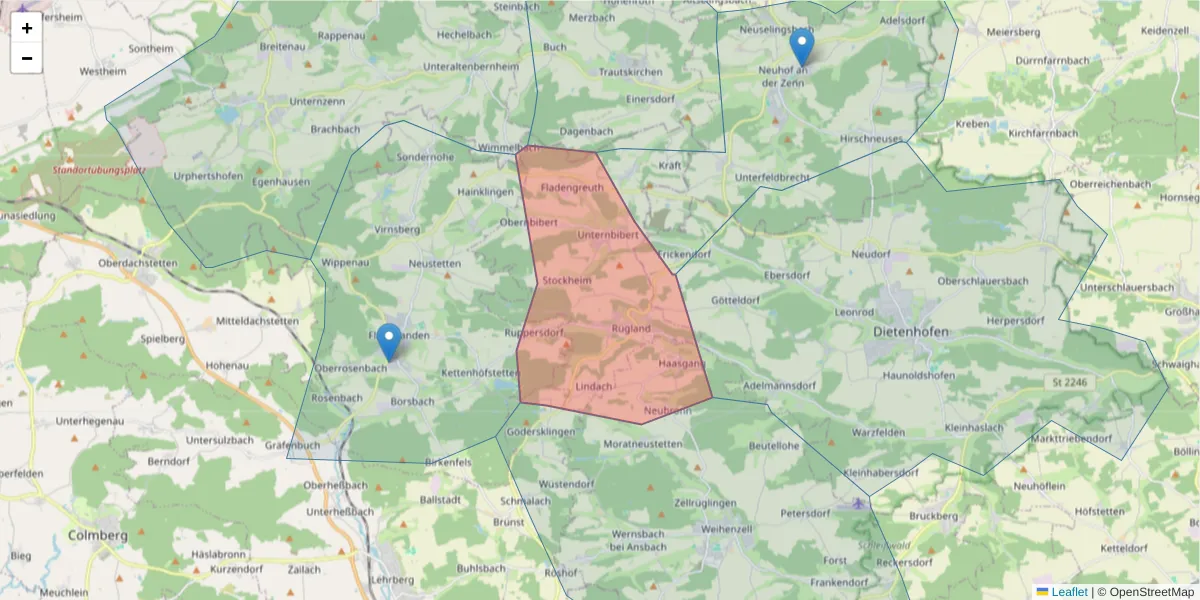 Karte des Postleitzahlen Bereichs  und der umliegenden Postleitzahlen in Deutschland