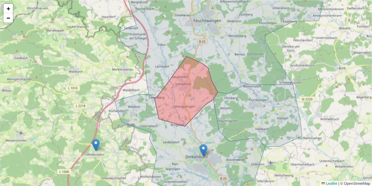 Karte des Postleitzahlen Bereichs  und der umliegenden Postleitzahlen in Deutschland