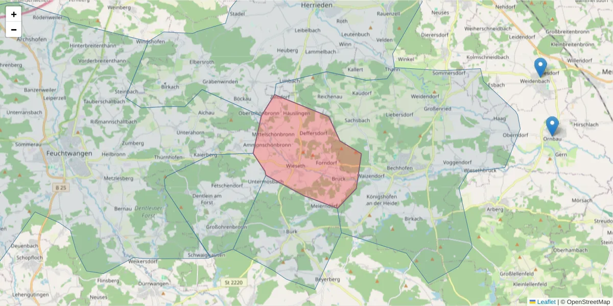 Karte des Postleitzahlen Bereichs  und der umliegenden Postleitzahlen in Deutschland