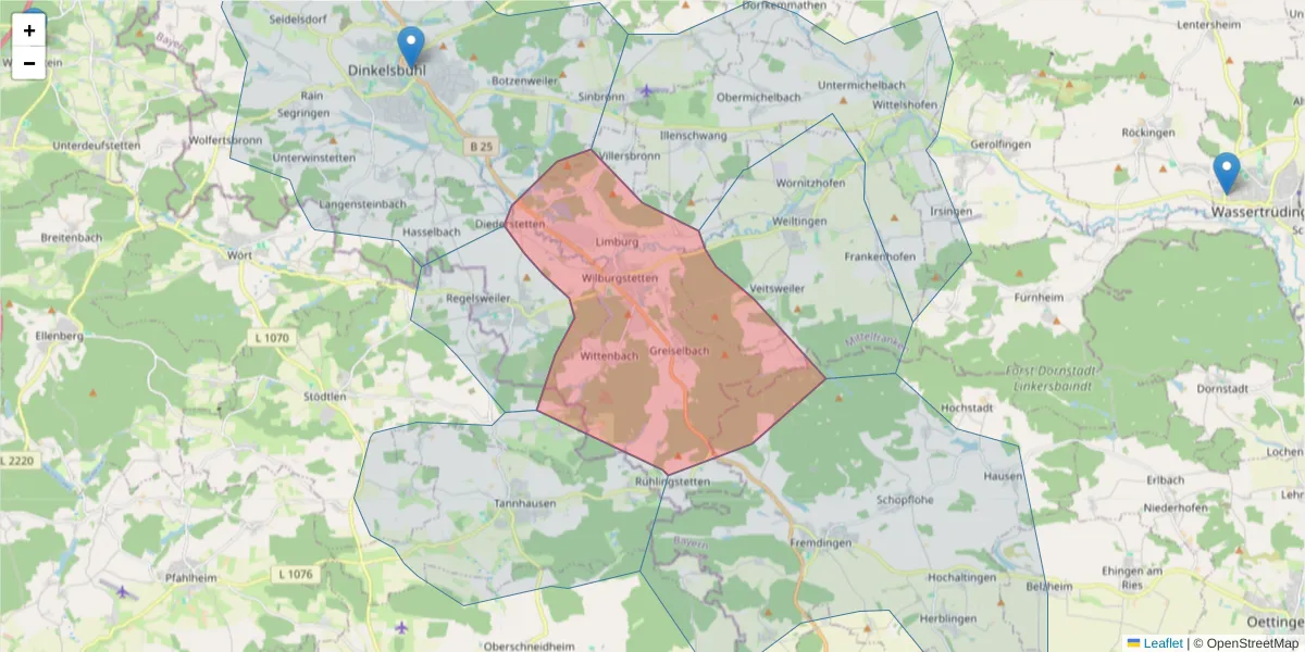 Karte des Postleitzahlen Bereichs  und der umliegenden Postleitzahlen in Deutschland