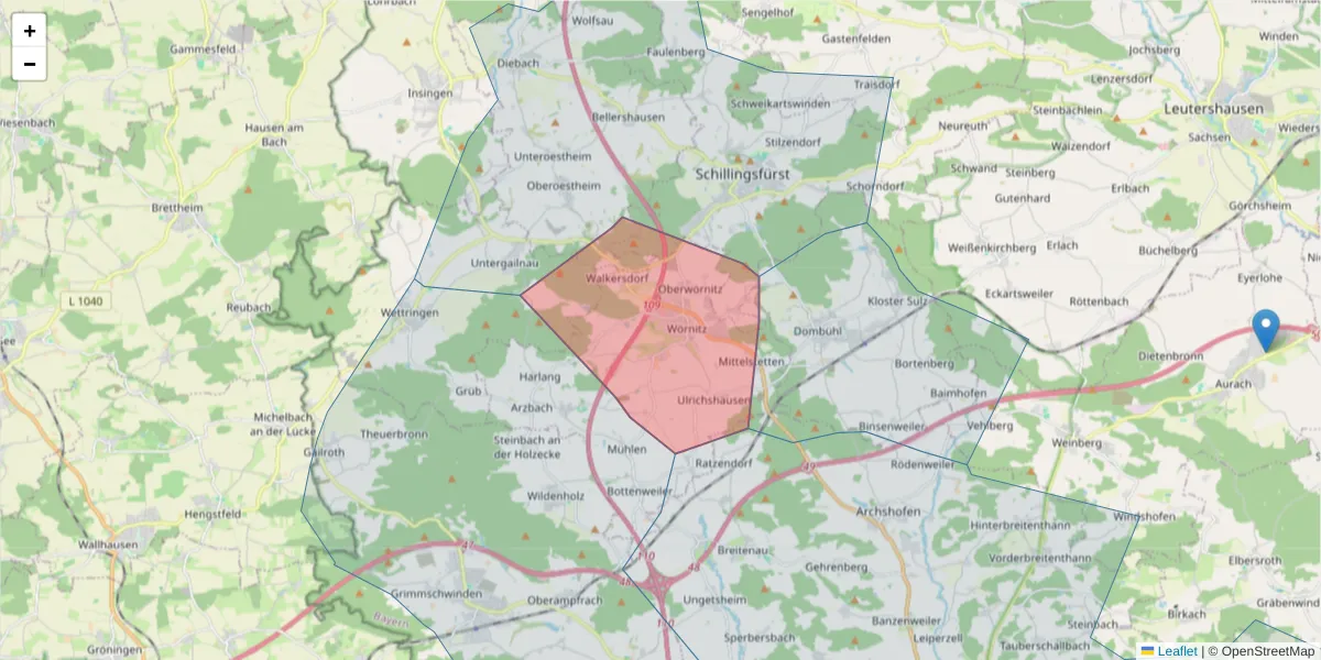Karte des Postleitzahlen Bereichs  und der umliegenden Postleitzahlen in Deutschland