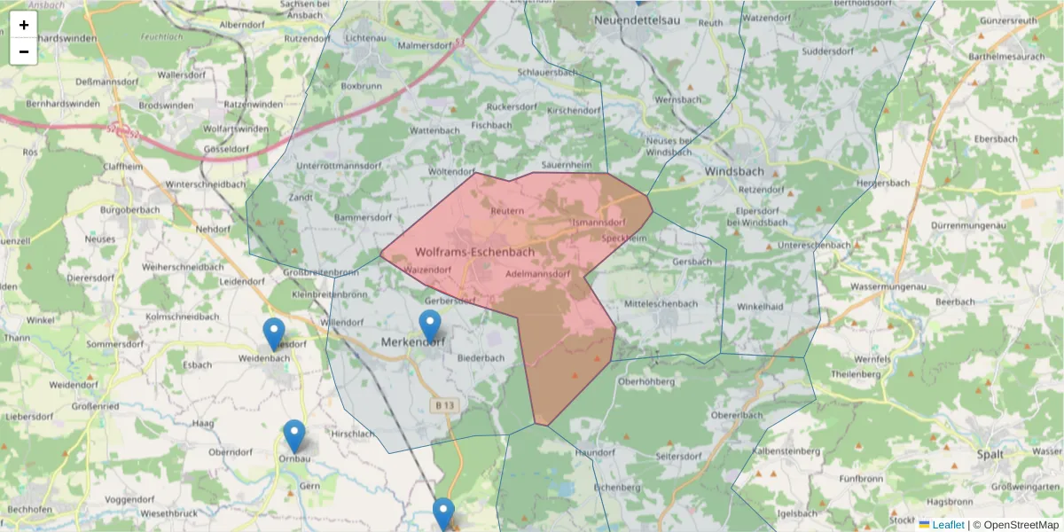 Karte des Postleitzahlen Bereichs  und der umliegenden Postleitzahlen in Deutschland