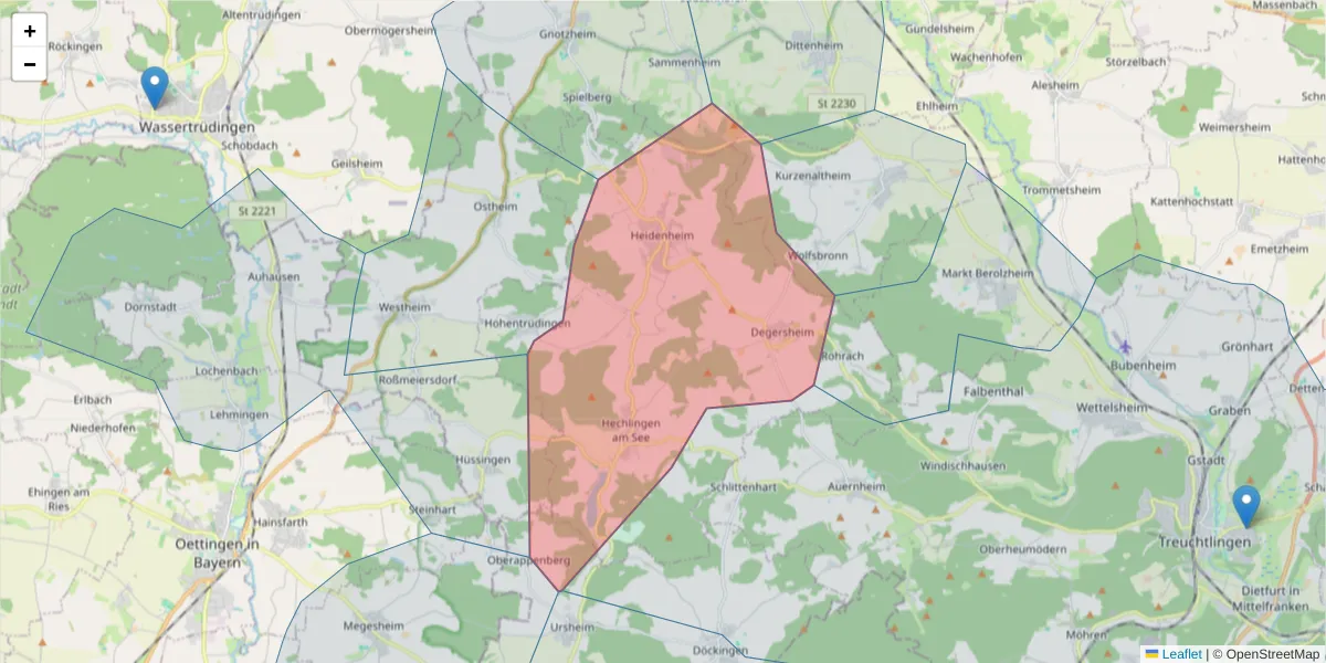 Karte des Postleitzahlen Bereichs  und der umliegenden Postleitzahlen in Deutschland