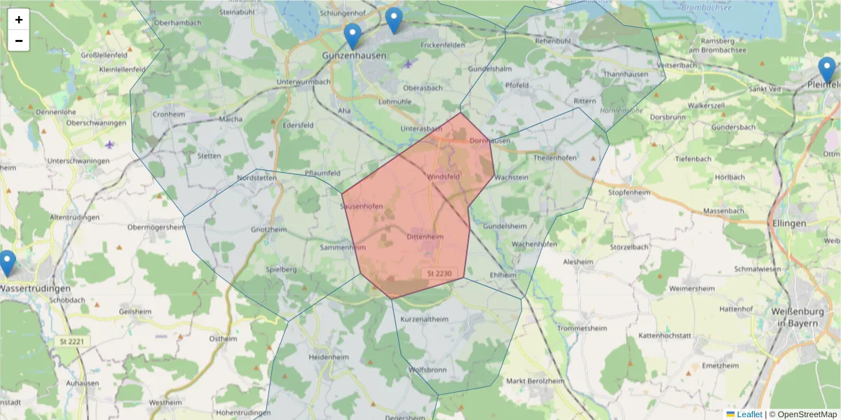 Karte des Postleitzahlen Bereichs  und der umliegenden Postleitzahlen in Deutschland