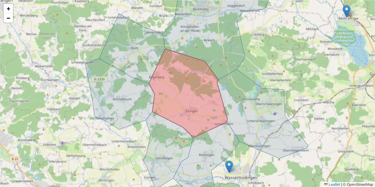 Karte des Postleitzahlen Bereichs  und der umliegenden Postleitzahlen in Deutschland