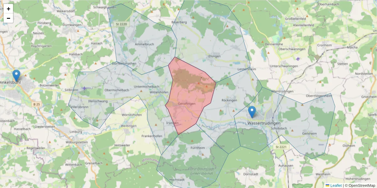 Karte des Postleitzahlen Bereichs  und der umliegenden Postleitzahlen in Deutschland