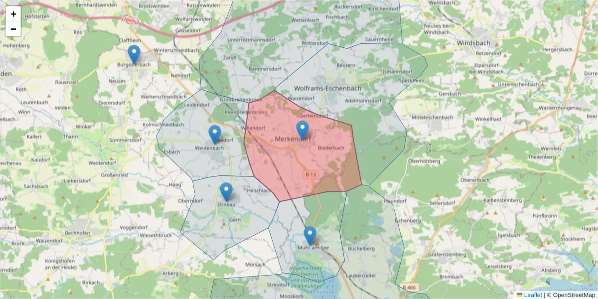 Karte des Postleitzahlen Bereichs  und der umliegenden Postleitzahlen in Deutschland