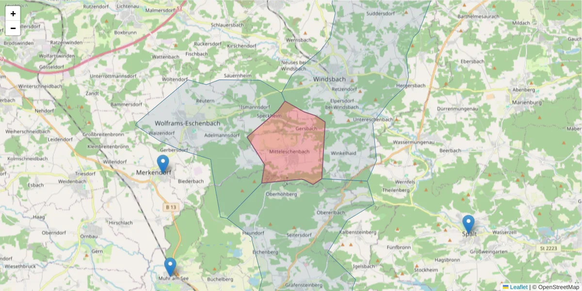 Karte des Postleitzahlen Bereichs  und der umliegenden Postleitzahlen in Deutschland