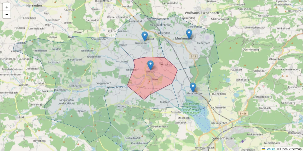 Karte des Postleitzahlen Bereichs  und der umliegenden Postleitzahlen in Deutschland
