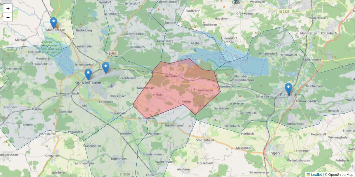 Karte des Postleitzahlen Bereichs  und der umliegenden Postleitzahlen in Deutschland